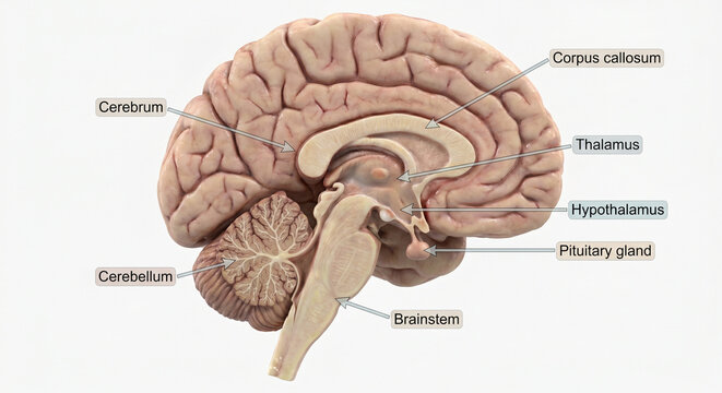 Sagittal view of human brain model illustrating internal structures including thalamus and glands.