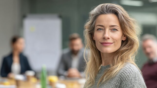 Female diversity. Human rights, equal opportunity concept. A professional portrait of a woman with shoulderlength, wavy blonde hair and blue eyes, wearing a gray sweater. She is in a relaxed pose.