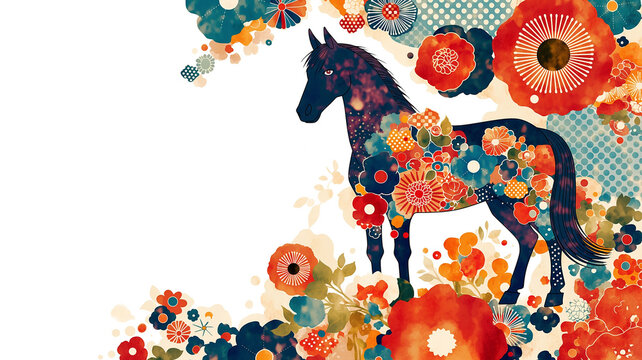 気高い馬が和柄の中を軽やかに駆ける和風イラスト、競馬、疾走感、躍動感、たてがみ、優美、力強い、走る、動物、日本風、伝統柄、文様、華やか、背景素材、ポスター、広告、壁紙、アート、デザイン、勝負運、縁起、豪華、気品、スピード感、勇壮、生命力、躍進、和モダン、表紙、カード、バナー、観賞用、印象的、創作素材、商用利用、待受画面、印刷向け、和文化、躍進祈願、和風素材、素材集、販促用、高級感、招福、吉祥、開運