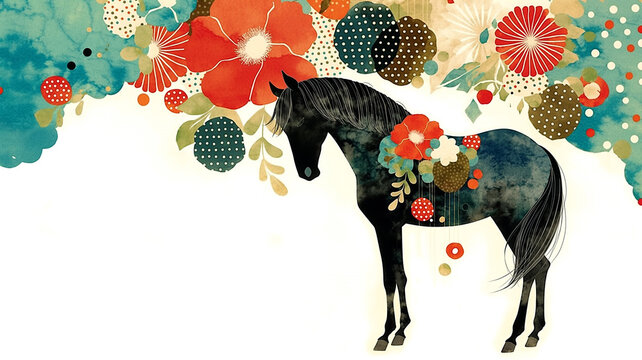 気高い馬が和柄の中を軽やかに駆ける和風イラスト、競馬、疾走感、躍動感、たてがみ、優美、力強い、走る、動物、日本風、伝統柄、文様、華やか、背景素材、ポスター、広告、壁紙、アート、デザイン、勝負運、縁起、豪華、気品、スピード感、勇壮、生命力、躍進、和モダン、表紙、カード、バナー、観賞用、印象的、創作素材、商用利用、待受画面、印刷向け、和文化、躍進祈願、和風素材、素材集、販促用、高級感、招福、吉祥、開運