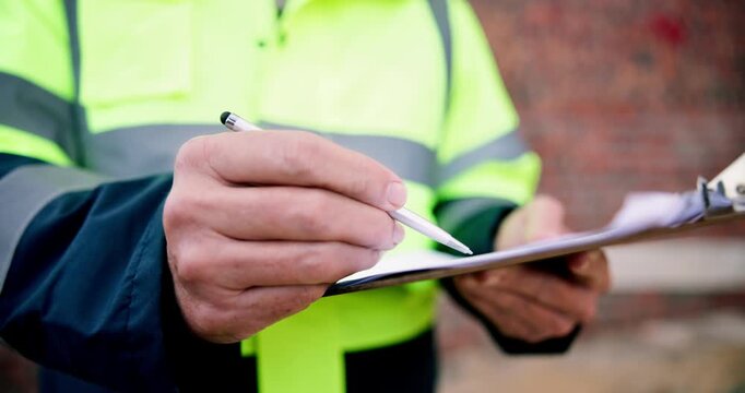 Clipboard, writing and man on construction site for task brief, inspection or safety update. Checklist, management and engineer with paperwork, progress report or project coordination for renovation