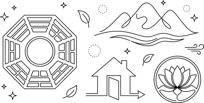 Feng Shui and Home Harmony Icon Set Featuring Bagua Maps, Mountain Landscapes, and Lotus Blossoms