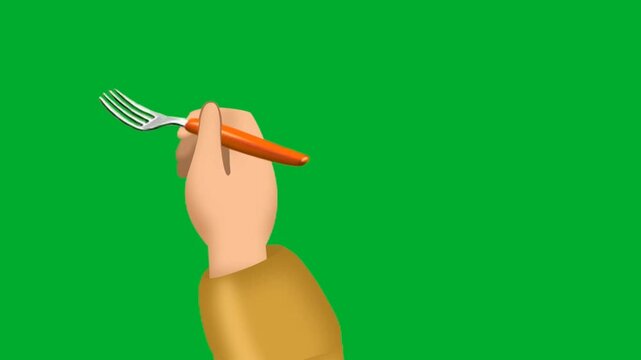 2d animation Hand holding fork metal cutlery tool close up gesture layout animation on green screen. Human fingers gripping steel silver kitchenware stick instrument for dining lunch dinner meal