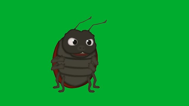 2d animation Beetle insect standing on its hind legs in full frontal view animation on green screen. Brown and black shell bug cartoon character mascot smiling pleasantly with feelers animation