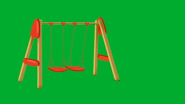 2d animation Playground swing set made of red metal pipes and ropes isolated animation on green screen. Empty backyard garden wooden seat park swinger instrument for childhood recreation