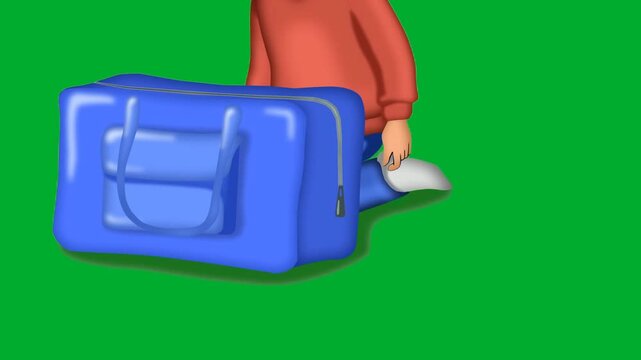 2d animation Hand closing suitcase zipper for holiday travel trip preparation animation on green screen. Human arm packing blue travel bag canvas container carefully before journey departure
