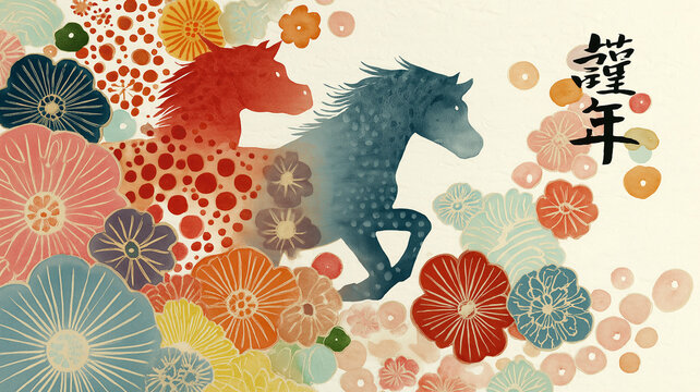 花や文様に彩られた和風背景の中を駆け抜ける馬のイラスト、競馬、疾走感、躍動感、動物、たてがみ、優雅、力強い、走る、スピード感、日本風、伝統柄、装飾、華やか、背景素材、ポスター、広告、壁紙、アート、デザイン、インテリア、表紙、カード、バナー、豪華、気品、縁起、勝負運、生命力、勇壮、躍進、観賞用、和モダン、存在感、商用利用、待受画面、印刷向け、和文化、躍進祈願、和風素材、素材集、販促用、高級感、上質感