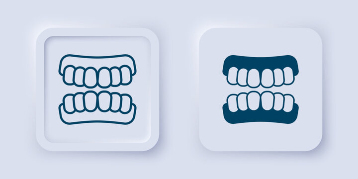 Filled and outline Dentures model icon isolated on grey background. Teeth of the upper jaw. Dental concept. Square button. Vector