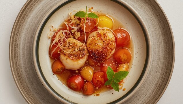 Scallops grilled with tomatoes, seaweed, and Japanese furikake in a lemon coconut sauce, presented on a contemporary plate with ample space.