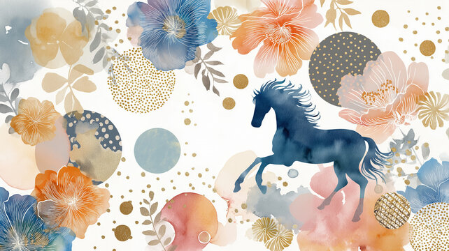 伝統的な和柄とともに颯爽と走る馬を描いた和風イラスト、競馬、疾走感、躍動感、たてがみ、優雅、力強い、動物、装飾、文様、日本風、華やか、背景素材、ポスター、広告、壁紙、アート、デザイン、勝負運、縁起、豪華、走る、スピード感、勇壮、気品、和モダン、カード、バナー、表紙、印象的、躍進、生命力、観賞用、創作素材、アイコン、メインビジュアル、商用利用、待受画面、印刷向け、和文化、躍進祈願、素材集、招福、吉祥
