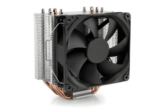 Computer CPU Air Cooler Isolated on White Background with Aluminum Heatsink and Cooling Fan