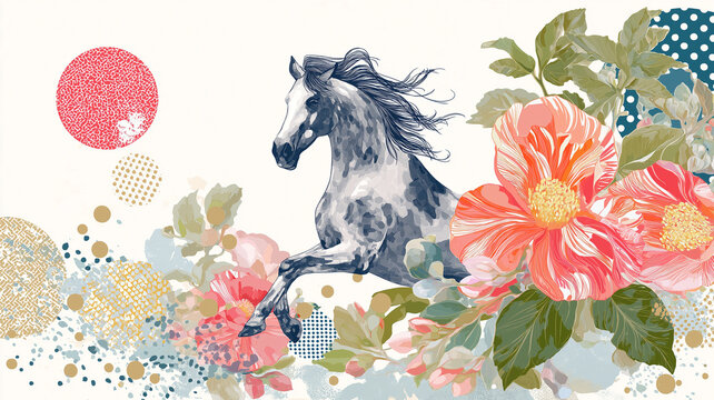 伝統的な和柄とともに颯爽と走る馬を描いた和風イラスト、競馬、疾走感、躍動感、たてがみ、優雅、力強い、動物、装飾、文様、日本風、華やか、背景素材、ポスター、広告、壁紙、アート、デザイン、勝負運、縁起、豪華、走る、スピード感、勇壮、気品、和モダン、カード、バナー、表紙、印象的、躍進、生命力、観賞用、創作素材、アイコン、メインビジュアル、商用利用、待受画面、印刷向け、和文化、躍進祈願、素材集、招福、吉祥