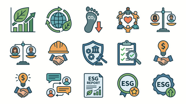 Collection of environmental social governance icons representing sustainability and corporate responsibility.