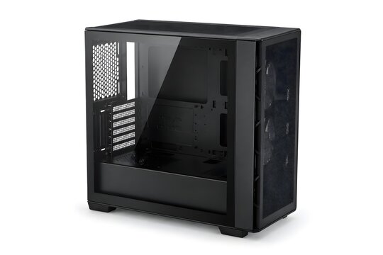 Empty Computer PC Case Chassis with Tempered Glass Side Panel Isolated on White Background, Realistic Hardware Photography