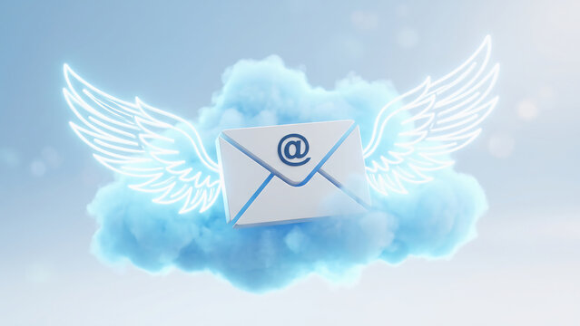 Winged email icon on cloudy background.