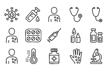 Fototapeta premium Vaccine and Medicine Line Icons for Pharmacy, Clinic, and Health Campaigns