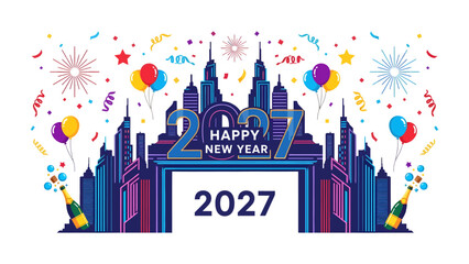 Obraz premium New Year 2027 Celebration Skyline: A vibrant city skyline adorned with balloons, confetti, and fireworks welcomes the year 2027, symbolizing new beginnings and festive cheer.