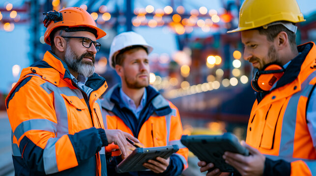 Cargo ship unloading halted at a major container port during supply disruption, dockworkers conferring beside stalled gantry cranes at dusk, vessel queued offshore visible through industrial haze, l