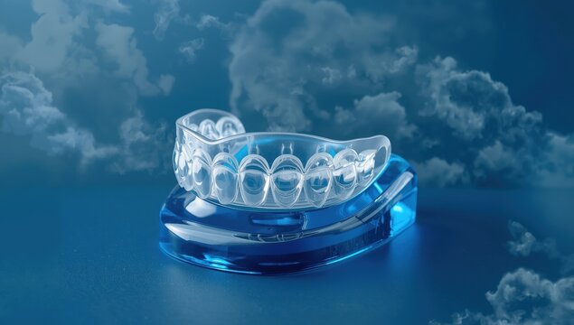 Personalized clear dental night guard for sleep, bruxism, and teeth grinding prevention, orthodontic appliance molded on dental model, with a blue backdrop.