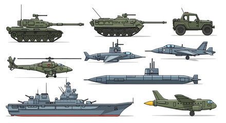 Fototapeta premium Collection of military vehicles including tanks, submarines, aircraft, and a warship.