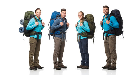 Fototapeta premium Group of diverse hikers with backpacks posing confidently against white background for travel and adventure campaigns