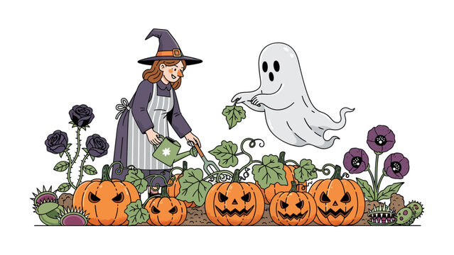 Halloween Garden Spooktacular: A cheerful witch tends to a patch of glowing jack-o'-lanterns, while a friendly ghost floats nearby, adding a whimsical touch to the festive Halloween scene.