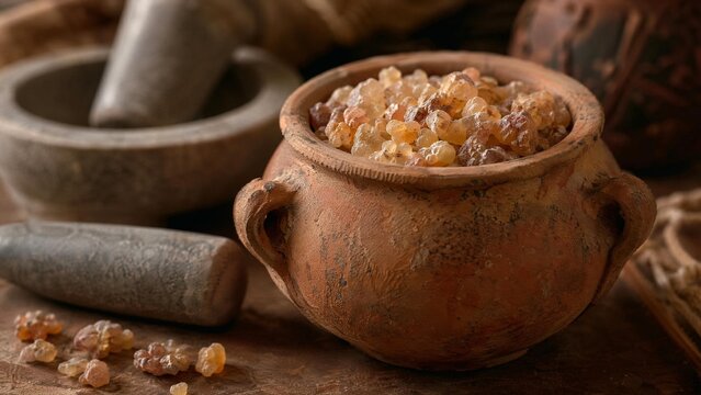 Ancient terracotta pot containing resin pieces with grinding tools, warm lighting.