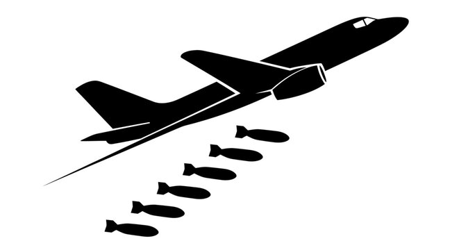 Silhouette of a bomber plane dropping bombs in a combat scenario.