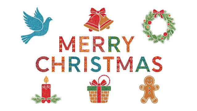 Christmas Celebration Elements: A vibrant collection of festive symbols including a dove, bells, wreath, candle, gift box, and gingerbread man surrounds the cheerful Merry Christmas greeting.