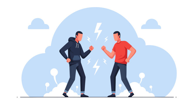 Two men facing each other in a confrontational stance.