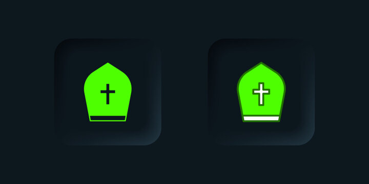 Green Pope hat icon isolated on black background. Christian hat sign. Black square button. Vector