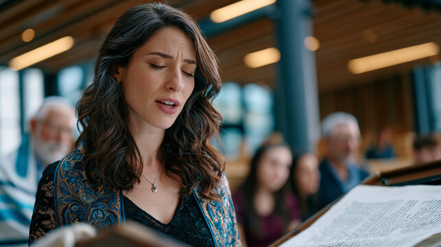 Jewish cantor chants from an open Torah scroll before an open ark in a contemporary synagogue, her voice carrying through a sanctuary where elderly men in tallitot sit alongside teenagers in casual 