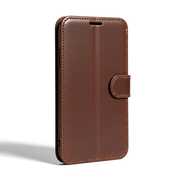 Dark red leather wallet case for smartphone standing up with a magnetic strap closure. leather iphone case