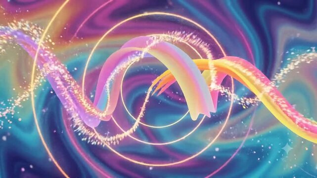 Glowing digital coins floating in mid-air creating swirling patterns with sparkling particles on a vibrant abstract background in 2023.