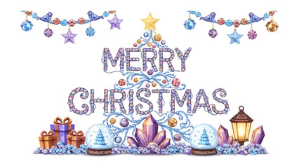 Christmas Tree with Gifts and Decorations: A festive Christmas tree adorned with sparkling ornaments, a golden star, and a Merry Christmas banner stands amidst presents, snow globes. © Mahbuba