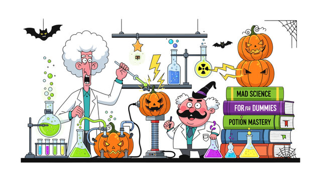 Halloween Science Lab: A whimsical scene depicts two mad scientists conducting bizarre experiments amidst pumpkins and bats.