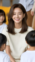 Obraz premium Smiling korean female teacher interacting with young children in classroom, warm atmosphere, casual clothing, educational setting