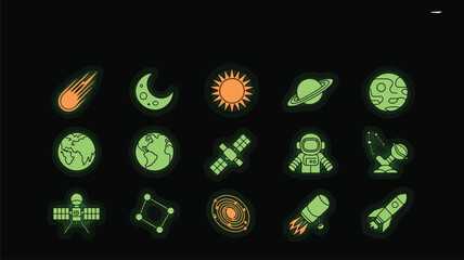 Space exploration and astronomy flat icons set with planets, rocket, and astronaut on a black background. © MDTOFIZUL