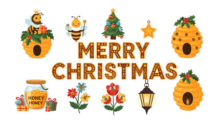 Fototapeta premium Merry Bee-lstmas Greetings: A whimsical collection of bees, beehives, a Christmas tree, gift-wrapped honey jars, and festive flowers spells out Merry Christmas in a charming, playful design.