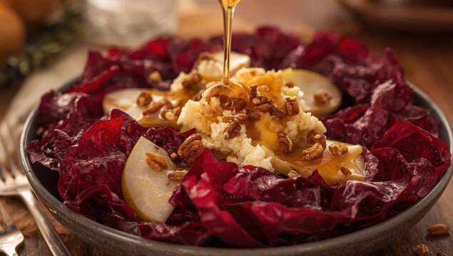 Winter salad featuring Italian red lettuce, Gorgonzola or blue cheese, pears, honey, and nuts, with a balance of sweet and savory flavors.