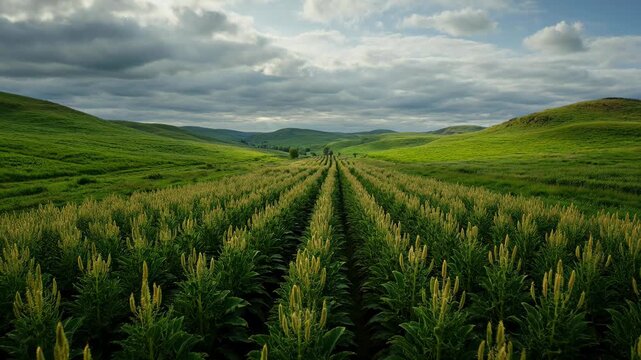 Lush green field of growing crops extending into the distance. Rolling hills under a cloudy sky.