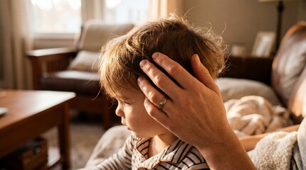 Fototapeta premium smoothing messy child hair parent hand affection care tenderness morning routine closeup scene about comfort childhood family love grooming and gentle parenting lifestyle campaigns