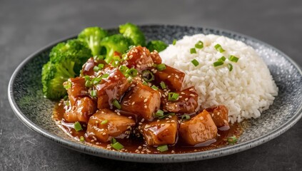 Fototapeta premium Plate of homemade teriyaki chicken, rice, and broccoli against a gray backdrop, seen from the side.