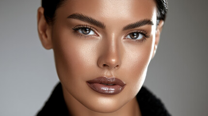 Fototapeta premium Beautiful woman beauty aesthetic face closeup, smooth skin, glossy lips, natural makeup, confident expression, studio portrait