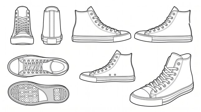 High-Top Sneaker Line Art Vector Set, Classic Canvas Shoe Design Template from Different Angles