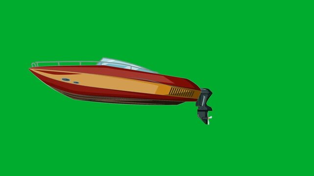 2d animation Powerboat cruising ocean waves with big water splash trails animation on green screen. Red speed boat luxury vessel vehicle transport layout design in full side profile view frame