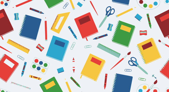 Seamless Pattern of Colorful School Supplies and Stationery Items