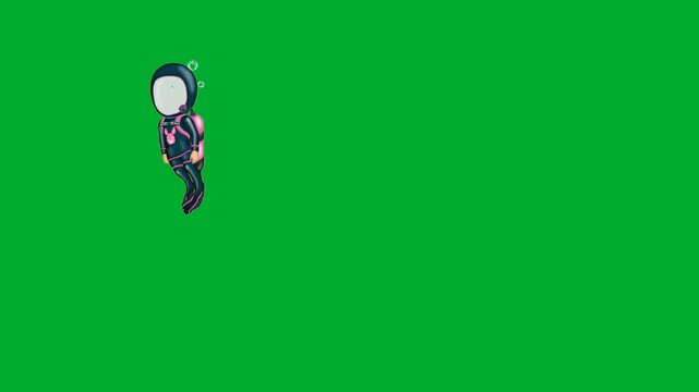 2d animation Scuba diver descending vertically into deep water with oxygen bubbles trail animation on green screen. Cosmonaut deep sea explorer swimming downwards between kelp seaweed animation