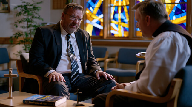 Adult man sits in a one-on-one session with a clergy counselor in a church office, both seated facing each other in simple chairs, the man's posture showing emotional openness, a devotional book on 