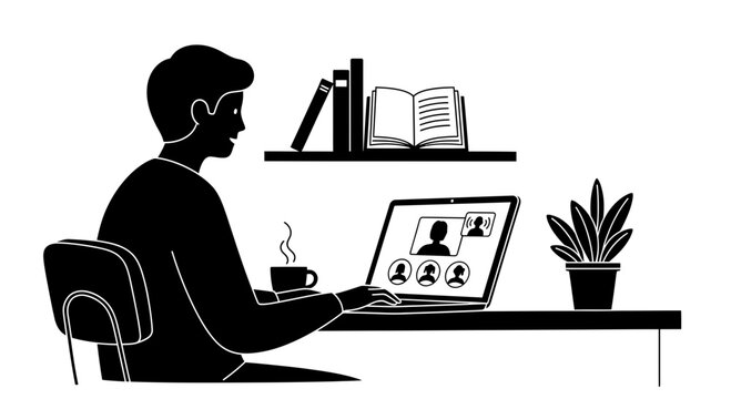Silhouette of a man working on a video call from home